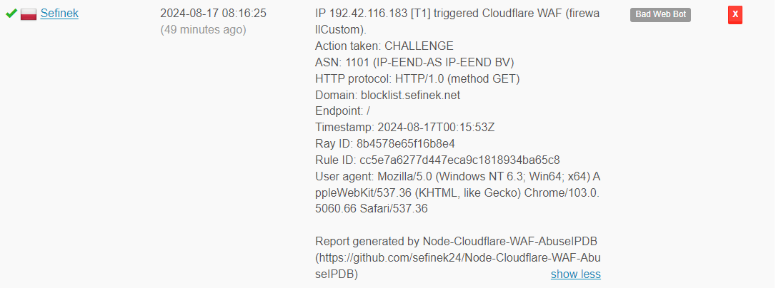 Sample Cloudflare WAF Report to AbuseIPDB