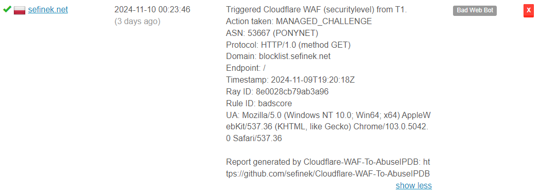 Sample Cloudflare WAF Report to AbuseIPDB